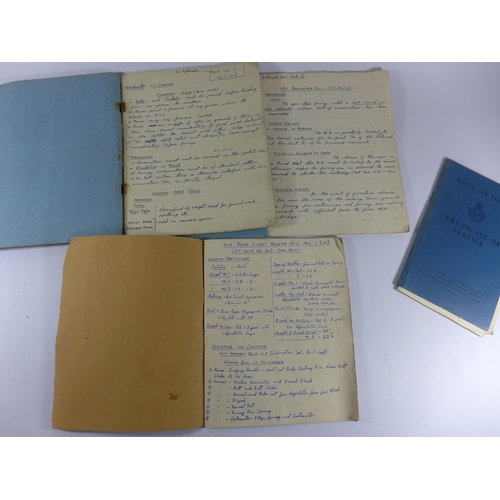 394 - FIVE MID 20TH CENTURY ROYAL AIR FORCE NOTE BOOKS, TO INCLUDE TWO CERTIFICATE OF SERVICE, FIREARMS ET... 