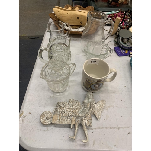 840 - A MIXED LOT TO INCLUDE VINTAGE GLASS JUGS, A SMALL FAIRY WALL PLAQUE, A CORKSCREW, ETC