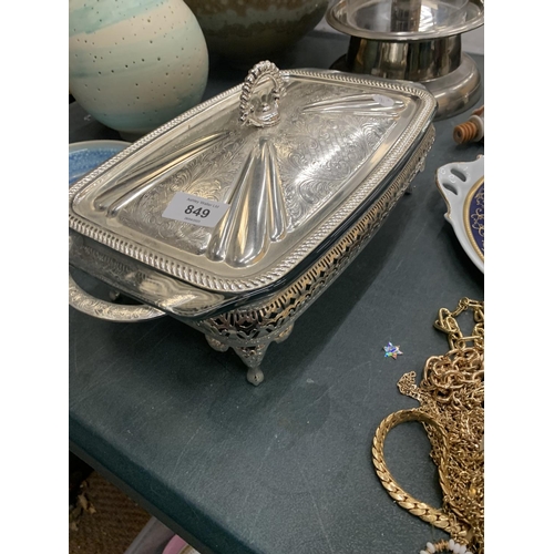 849 - A LARGE GLASS SERVING DISH WITH A SILVER PLATED STAND AND LID HEIGHT 9CM, LENGTH 28CM, DEPTH 20CM