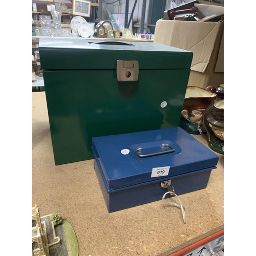 919 - A LARGE METAL FILING BOX AND A SMALLER CASH BOX