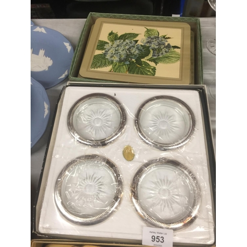 953 - A QUANTITY OF BOXED PLACEMATS TOGETHER WITH SILVER PLATE AND GLASS COASTERS