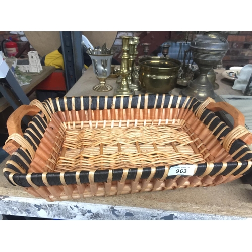 963 - TWO WICKER BASKETS, ONE WITH A LID