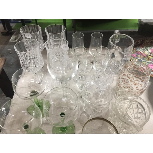 998 - A QUANTITY OF GLASSWARE TO INCLUDE WINE GLASSES, TUMBLERS, SHOT GLASSES, ETC.,