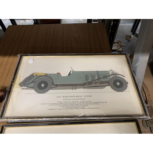 1090 - THREE FRAMED PRINTS OF VINTAGE CARS - 1926 BENTLEY 3 LITRE', 1927/28 VAUXHALL 30/98' AND '1928 MERCE... 