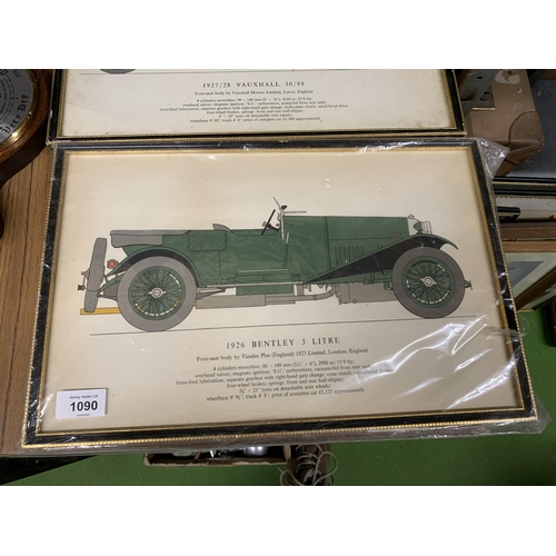 1090 - THREE FRAMED PRINTS OF VINTAGE CARS - 1926 BENTLEY 3 LITRE', 1927/28 VAUXHALL 30/98' AND '1928 MERCE... 