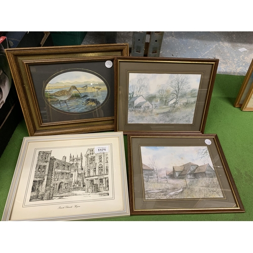 1171 - FOUR FRAMED PRINTS TO INCLUDE A CURLEW, COUNTRY BARNS AND PARISH CHURCH, WIGAN