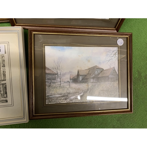 1171 - FOUR FRAMED PRINTS TO INCLUDE A CURLEW, COUNTRY BARNS AND PARISH CHURCH, WIGAN