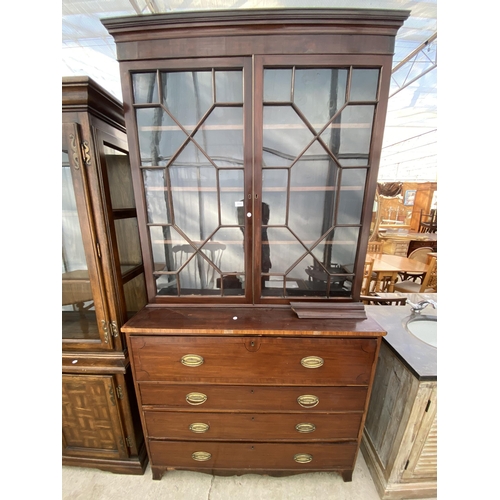 2554 - A 19TH CENTURY MAHOGANY AND INLAID TWO DOOR ASTRAGAL GLAZED SECRETAIRE BOOKCASE WITH DRAWER TO BASE,... 