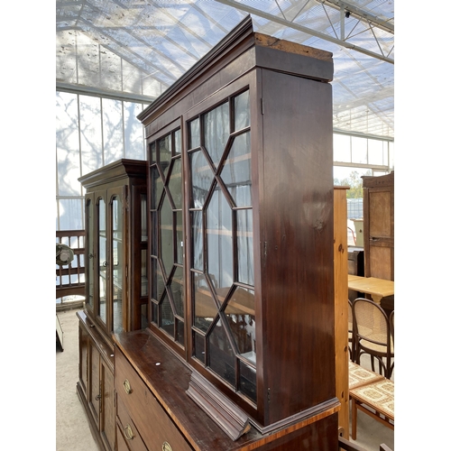 2554 - A 19TH CENTURY MAHOGANY AND INLAID TWO DOOR ASTRAGAL GLAZED SECRETAIRE BOOKCASE WITH DRAWER TO BASE,... 