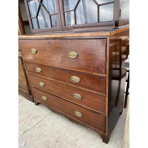 2554 - A 19TH CENTURY MAHOGANY AND INLAID TWO DOOR ASTRAGAL GLAZED SECRETAIRE BOOKCASE WITH DRAWER TO BASE,... 