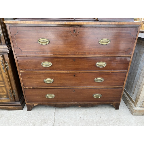 2554 - A 19TH CENTURY MAHOGANY AND INLAID TWO DOOR ASTRAGAL GLAZED SECRETAIRE BOOKCASE WITH DRAWER TO BASE,... 