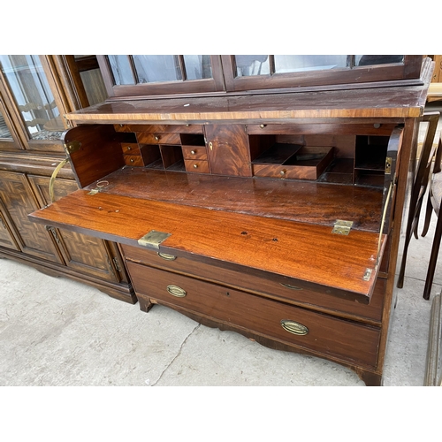 2554 - A 19TH CENTURY MAHOGANY AND INLAID TWO DOOR ASTRAGAL GLAZED SECRETAIRE BOOKCASE WITH DRAWER TO BASE,... 