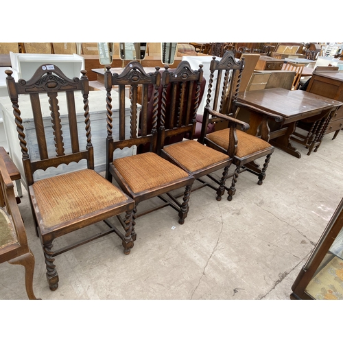 2574 - FOUR EARLY 20TH CENTURY OAK JACOBEAN STYLE DINING CHAIRS ON BARLEYTWIST LEGS AND UPRIGHTS, ONE BEING... 