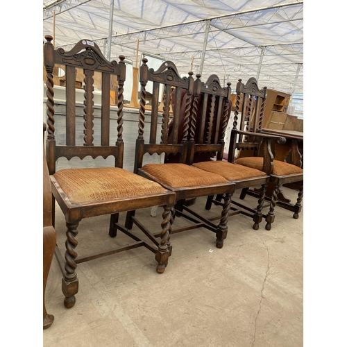 2574 - FOUR EARLY 20TH CENTURY OAK JACOBEAN STYLE DINING CHAIRS ON BARLEYTWIST LEGS AND UPRIGHTS, ONE BEING... 