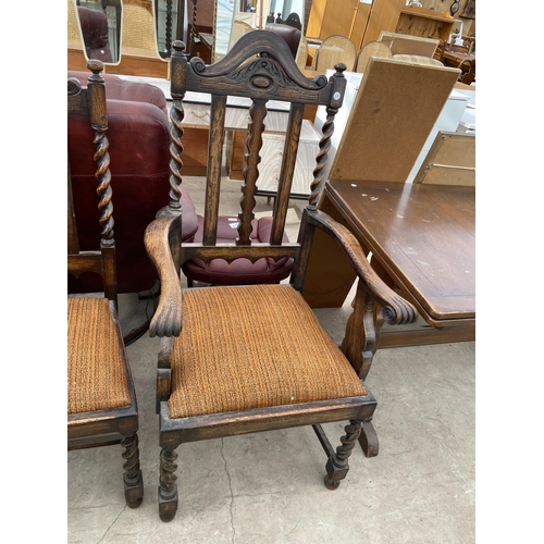 2574 - FOUR EARLY 20TH CENTURY OAK JACOBEAN STYLE DINING CHAIRS ON BARLEYTWIST LEGS AND UPRIGHTS, ONE BEING... 