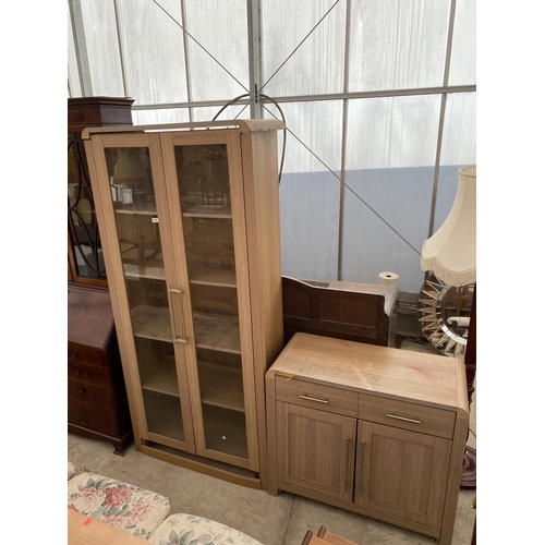 2620 - A MODERN GLAZED TWO DOOR DISPLAY CUPBOARD AND MATCHING SIDEBOARD