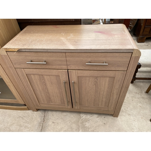 2620 - A MODERN GLAZED TWO DOOR DISPLAY CUPBOARD AND MATCHING SIDEBOARD