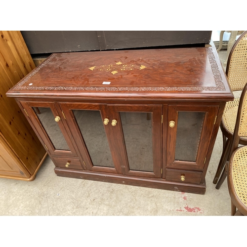 2632 - AN INDIAN HARDWOOD AND BRASS INLAY GLAZED FOUR DOOR CABINET WITH TWO SMALL DRAWERS, 44