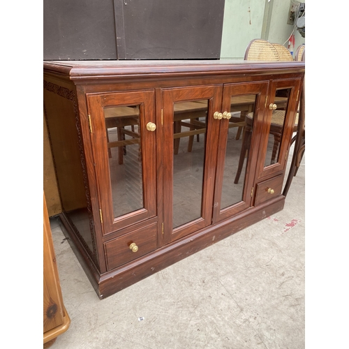 2632 - AN INDIAN HARDWOOD AND BRASS INLAY GLAZED FOUR DOOR CABINET WITH TWO SMALL DRAWERS, 44