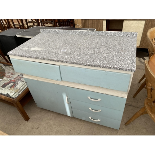 2666 - A 1950'S PAINTED KITCHEN SIDEBOARD WITH BLACK AND WHITE FORMICA TOP, 41