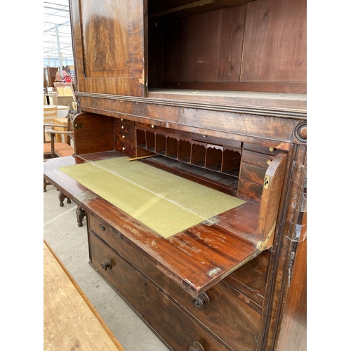 2672 - A 19TH CENTURY MAHOGANY AND INLAID SECRETAIRE PRESS WITH THREE SLIDES, THREE DRAWERS AND BUREAU TO B... 