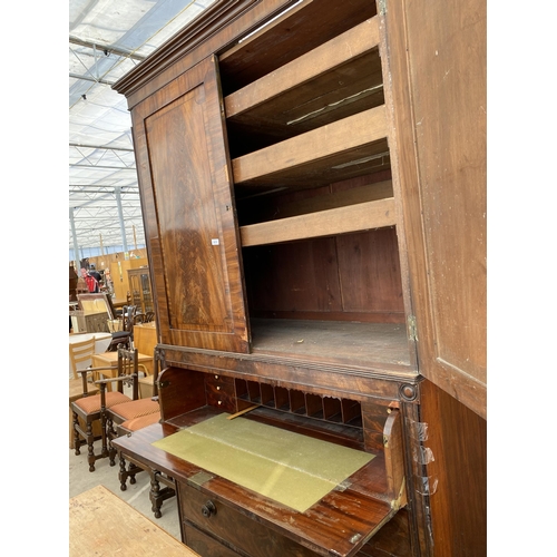 2672 - A 19TH CENTURY MAHOGANY AND INLAID SECRETAIRE PRESS WITH THREE SLIDES, THREE DRAWERS AND BUREAU TO B... 