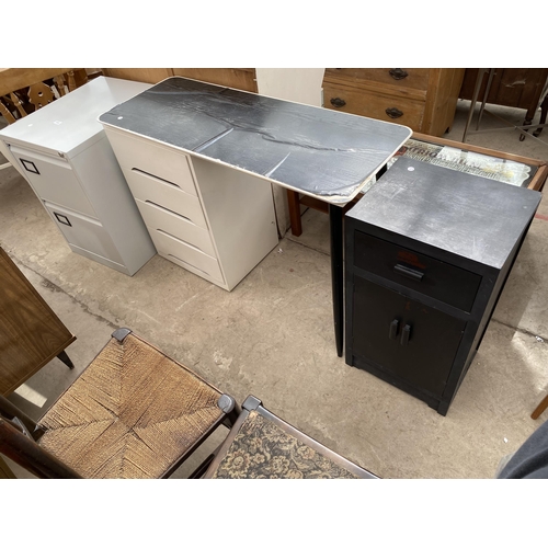 2685 - A TWO DRAWER METAL FILING CABINET, SINGLE OFFICE DESK AND A POT CUPBOARD