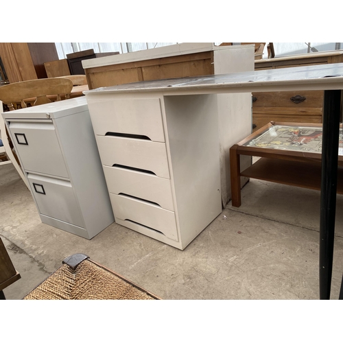 2685 - A TWO DRAWER METAL FILING CABINET, SINGLE OFFICE DESK AND A POT CUPBOARD