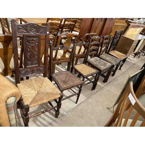 2714 - A PAIR OF EDWARDIAN BEDROOM CHAIRS, VICTORIAN HALL CHAIR, PAIR OF LADDER BACK CHAIRS AND A LANCASHIR... 