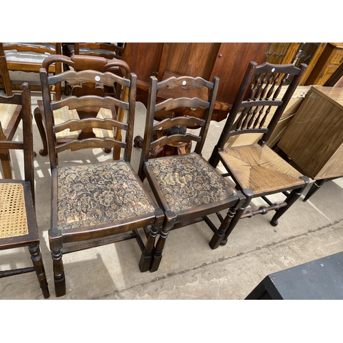 2714 - A PAIR OF EDWARDIAN BEDROOM CHAIRS, VICTORIAN HALL CHAIR, PAIR OF LADDER BACK CHAIRS AND A LANCASHIR... 