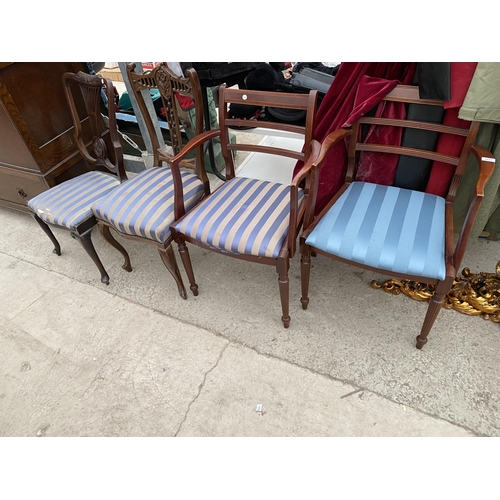 2827 - TWO EDWARDIAN PARLOUR CHAIRS AND A PAIR OF MODERN CARVER CHAIRS