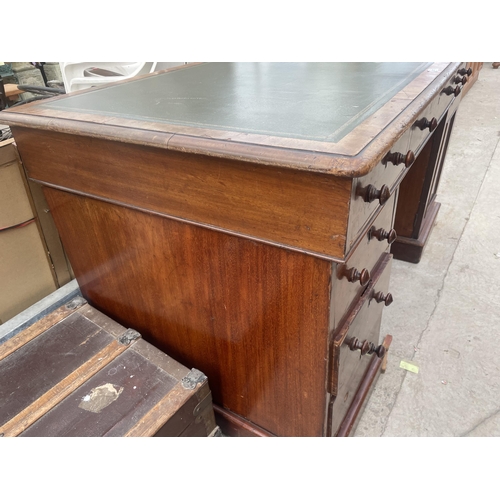 2867 - A VICTORIAN MAHOGANY TWIN PEDESTAL DESK ENCLOSING SIX DRAWERS AND ONE CUPBOARD, 54X30