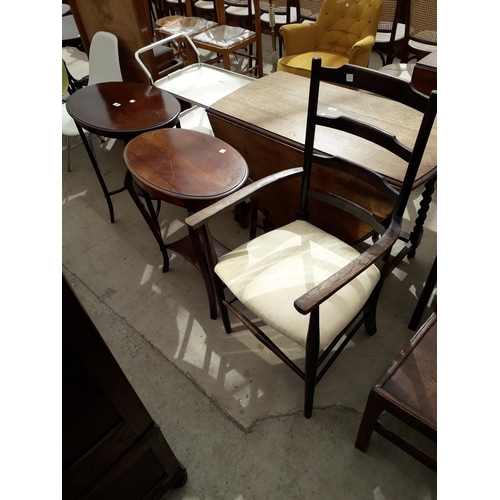 2869 - TWO OVAL EDWARDIAN TWO TIER CENTRE TABLES AND LADDERBACK ELBOW CHAIR