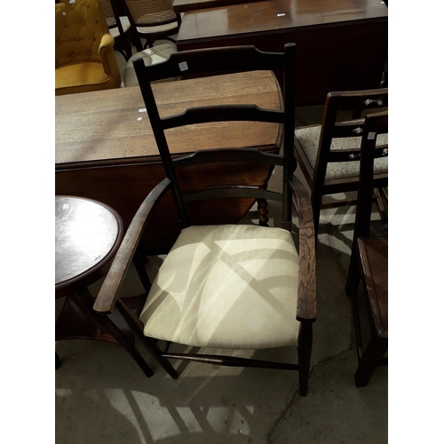 2869 - TWO OVAL EDWARDIAN TWO TIER CENTRE TABLES AND LADDERBACK ELBOW CHAIR