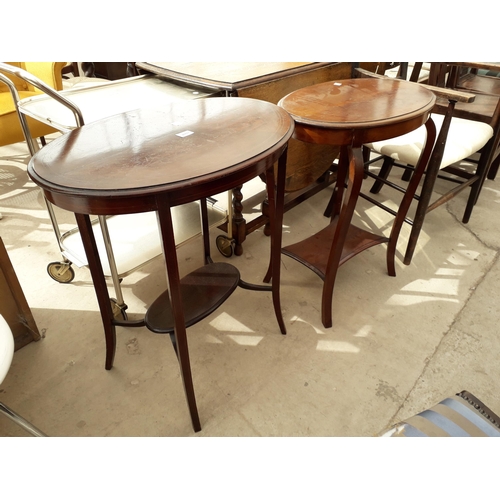 2869 - TWO OVAL EDWARDIAN TWO TIER CENTRE TABLES AND LADDERBACK ELBOW CHAIR