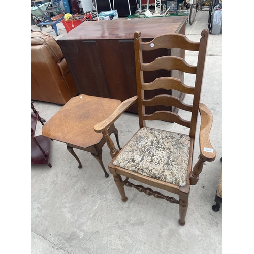 2920 - AN OAK LADDER BACK CARVER AND CHAIR AND AN OAK WORK BOX/TABLE ON CABRIOLE LEGS