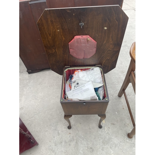 2920 - AN OAK LADDER BACK CARVER AND CHAIR AND AN OAK WORK BOX/TABLE ON CABRIOLE LEGS