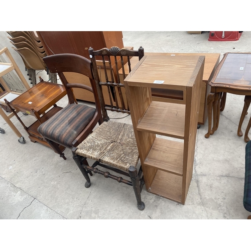 2932 - AN ELM SPINDLE BACK DINING CHAIR, VICTORIAN DINING CHAIR AND A NARROW THREE TIER DISPLAY UNIT, 11