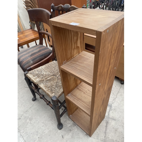 2932 - AN ELM SPINDLE BACK DINING CHAIR, VICTORIAN DINING CHAIR AND A NARROW THREE TIER DISPLAY UNIT, 11