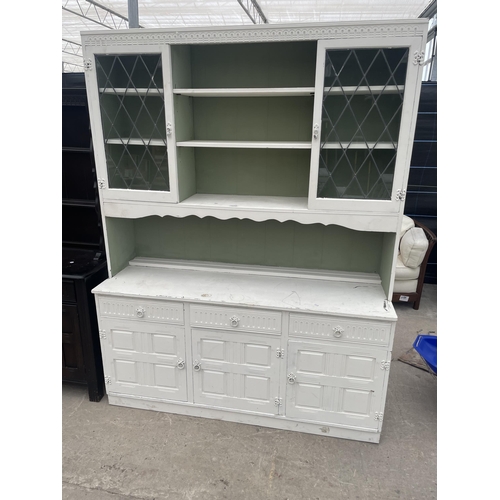 2945 - A MODERN WHITE PAINTED DRESSER WITH GLAZED AND LEADED DOORS TO UPPER PORTION, 60