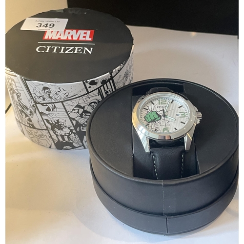 349 - A GENTS CITIZEN ECO DRIVE MARVEL COMICS WRIST WATCH WITH ORIGINAL BOX SEEN WORKING BUT NO WARRANTY