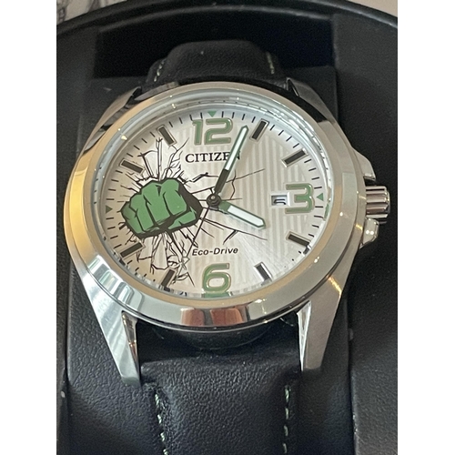 349 - A GENTS CITIZEN ECO DRIVE MARVEL COMICS WRIST WATCH WITH ORIGINAL BOX SEEN WORKING BUT NO WARRANTY