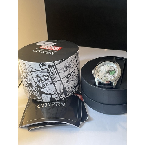 349 - A GENTS CITIZEN ECO DRIVE MARVEL COMICS WRIST WATCH WITH ORIGINAL BOX SEEN WORKING BUT NO WARRANTY