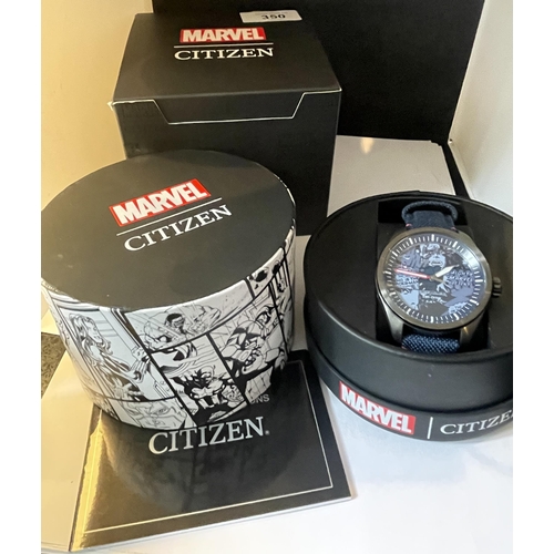 350 - A GENTS CITIZEN ECO DRIVE MARVEL COMICS WRIST WATCH WITH ORIGINAL BOX SEEN WORKING BUT NO WARRANTY