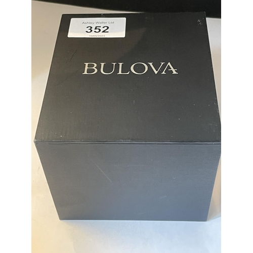 352 - A GENTS BULOVA WRIST WATCH IN ORIGINAL BOX SEEN WORKING BUT NO WARRANTY