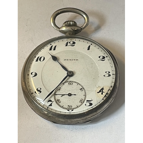 355 - A SILVER ZENITH POCKET WATCH SEEN WORKING BUT NO WARRANTY