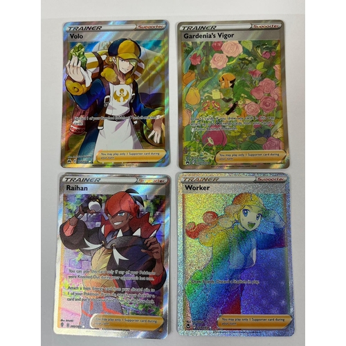 225 - 4 X POKEMON RARE FULL ART CARDS - RAINBOW WORKER, VOLO, RAIHAN & GARDENIA'S VIGOR