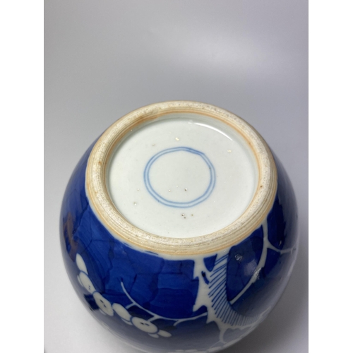 303 - AN EARLY 20TH CENTURY CHINESE BLUE AND WHITE PRUNUS PATTERN GINGER JAR, DOUBLE RING MARK TO BASE, HE... 