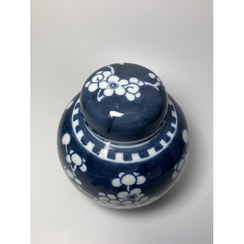 304 - A CHINESE PRUNUS BLOSSOM PATTERN GINGER JAR, DOUBLE RING MARK TO BASE, HEIGHT 13CM