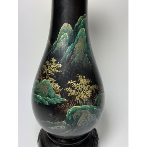 316 - A MID 20TH CENTURY CHINESE FUZHOU BLACK LACQUERED GILT DESIGN VASE ON STAND, HEIGHT 29CM